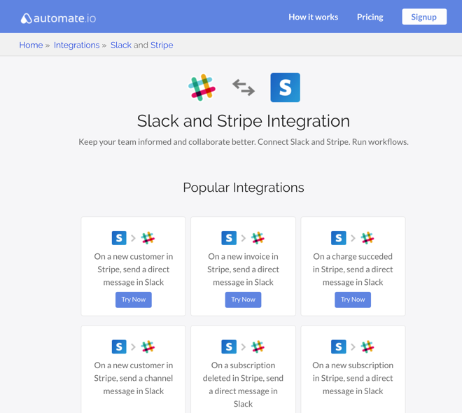 Automate.io integrations directory for Stripe + Slack