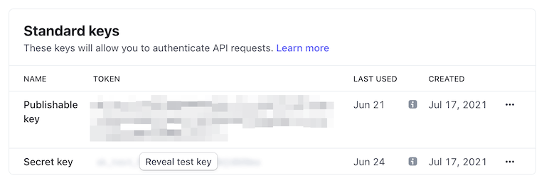 Stripe API Keys dashboard