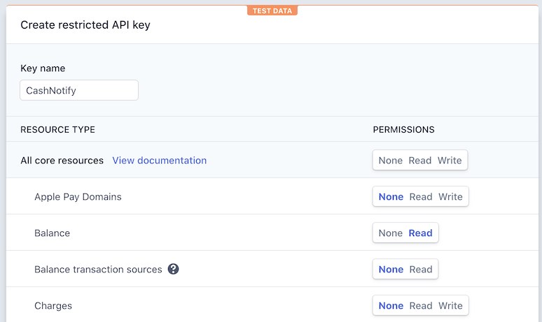 Stripe's restricted API key