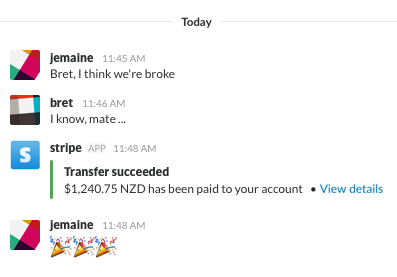 Example of Stripe transfer notification in Slack